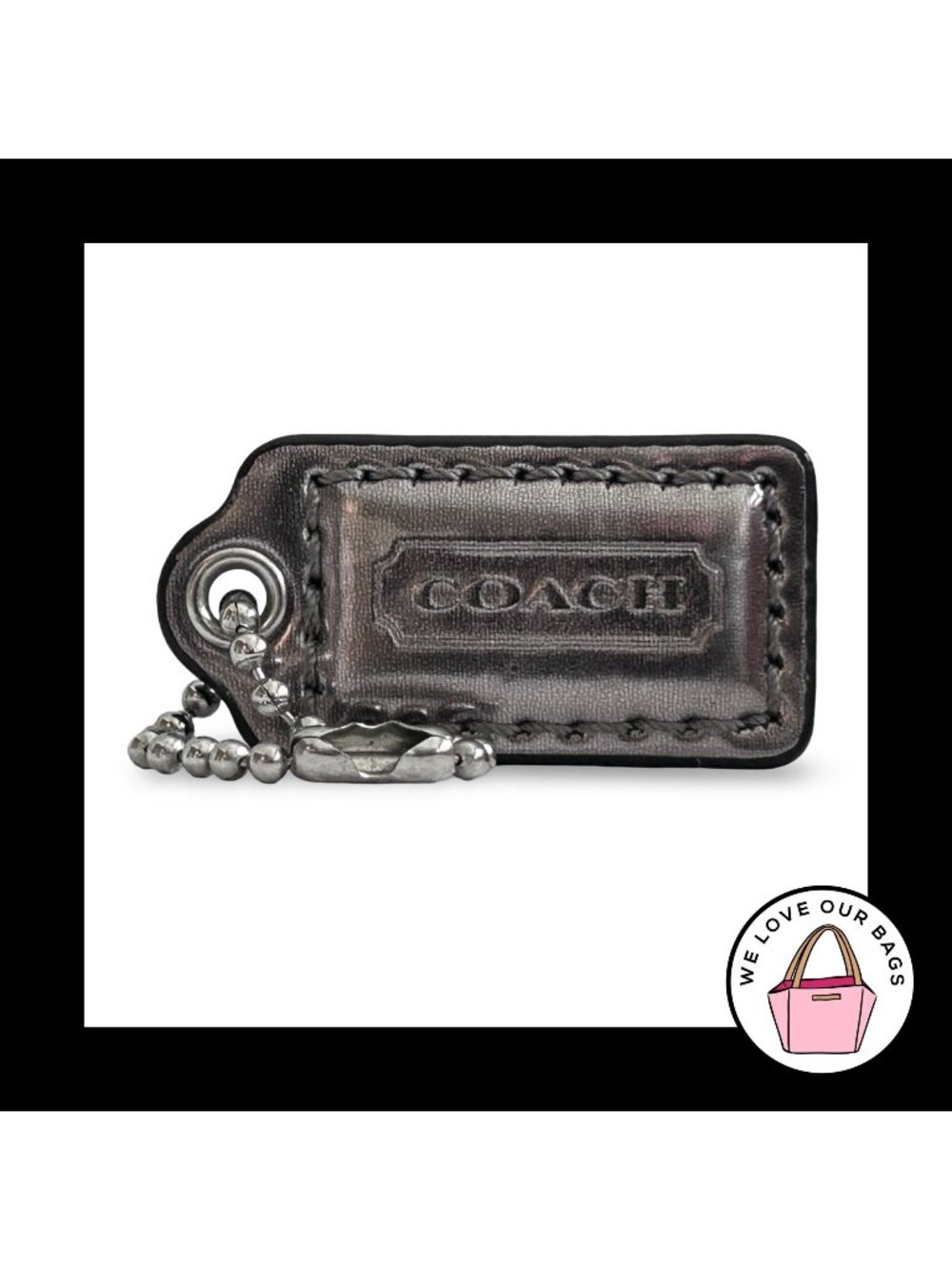 COACH POPPY HANG TAG 1.5" Dark Silver Mirrored Leather Bag Charm Keychain Fob